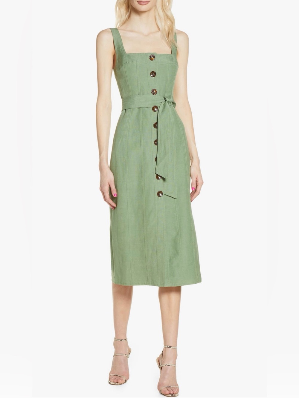 C/MEO Collective Sage Green Linen Blend Square Neck Button Front Midi Dress 6